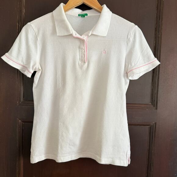 Y2K Vintage UNITED COLORS OF BENETTON | Pink Piping Trim White Polo Shirt Medium - Picture 1 of 6